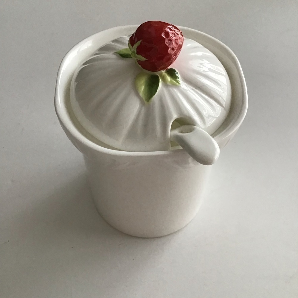 Jam Jar Bone China Covered Strawberry Marmalade Preserves Lid Spoon Vintage